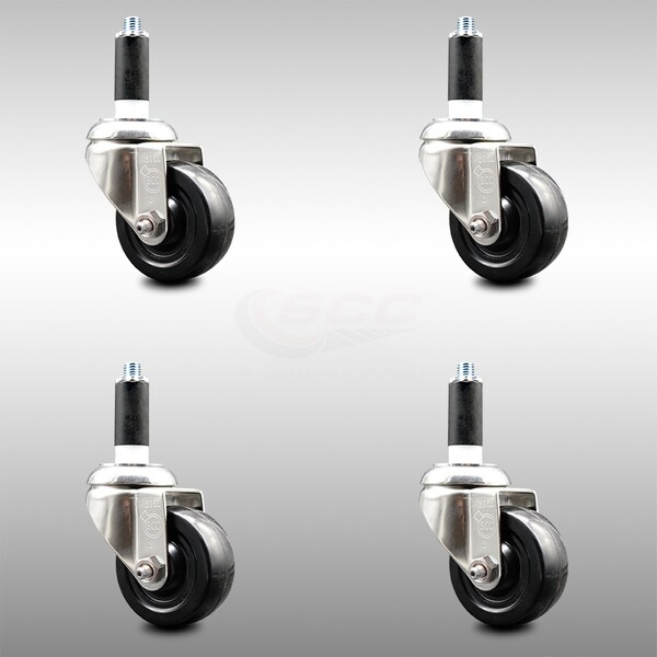 3 Inch 316SS Hard Rubber Wheel Swivel 1 Inch Expanding Stem Caster Set SCC